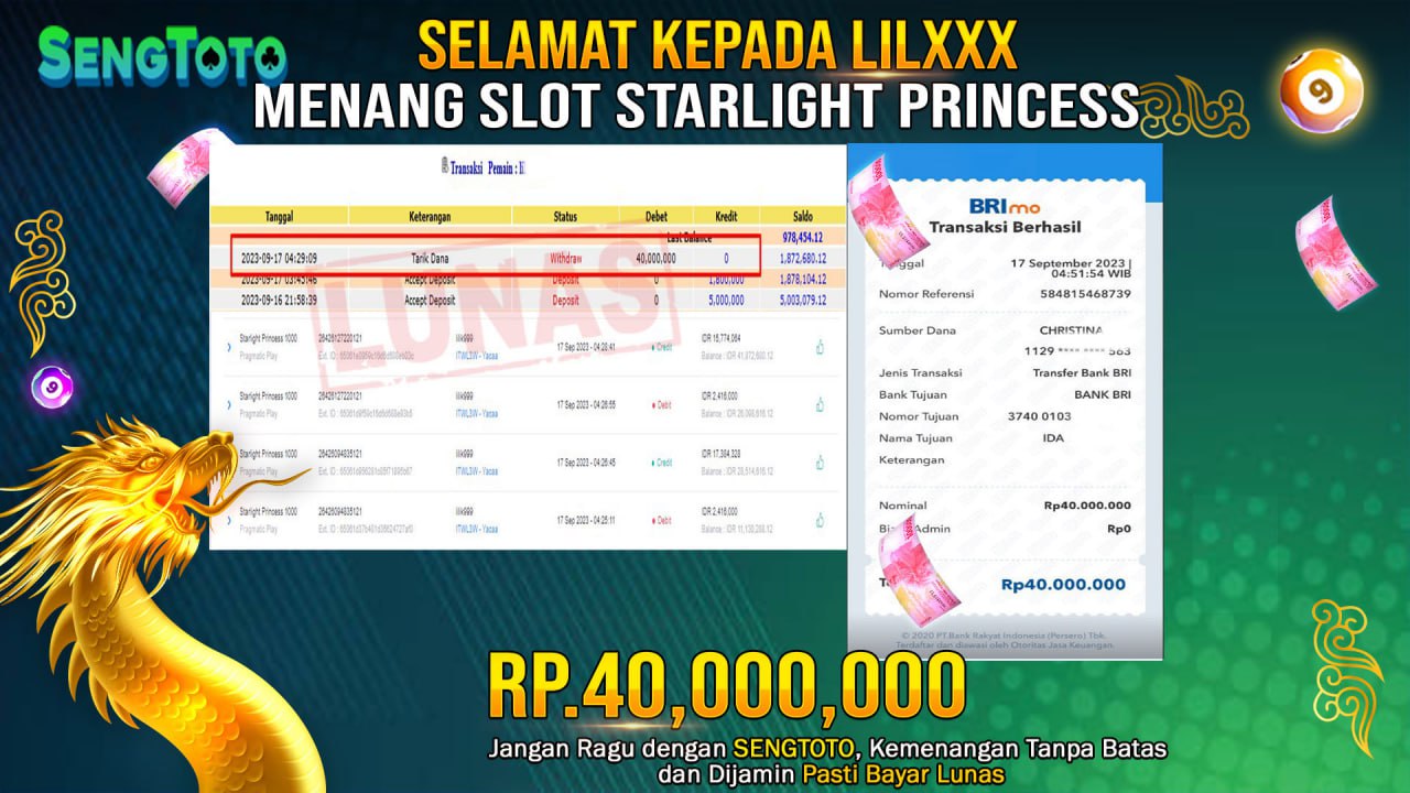 BUKTI PEMBAYARAN JACKPOT SLOT STARLIGHT PRINCESS DI BAYAR LUNAS !