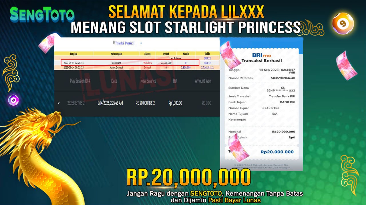 BUKTI PEMBAYARAN JACKPOT SLOT STARLIGHT PRINCESS DI BAYAR LUNAS !