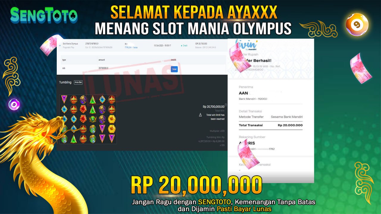 BUKTI PEMBAYARAN JACKPOT SLOT MANIA OLYMPUS DI BAYAR LUNAS !