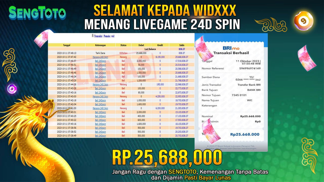 BUKTI PEMBAYARAN JACKPOT LIVE GAME 24D DI BAYAR LUNAS !