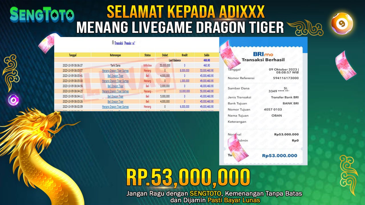 BUKTI PEMBAYARAN JACKPOT LIVE GAME DRAGON TIGER  DI BAYAR LUNAS !