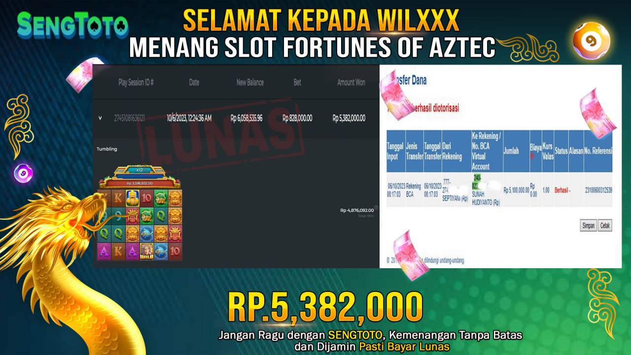 BUKTI PEMBAYARAN JACKPOT SLOT FORTUNES OF AZTEC DI BAYAR LUNAS !