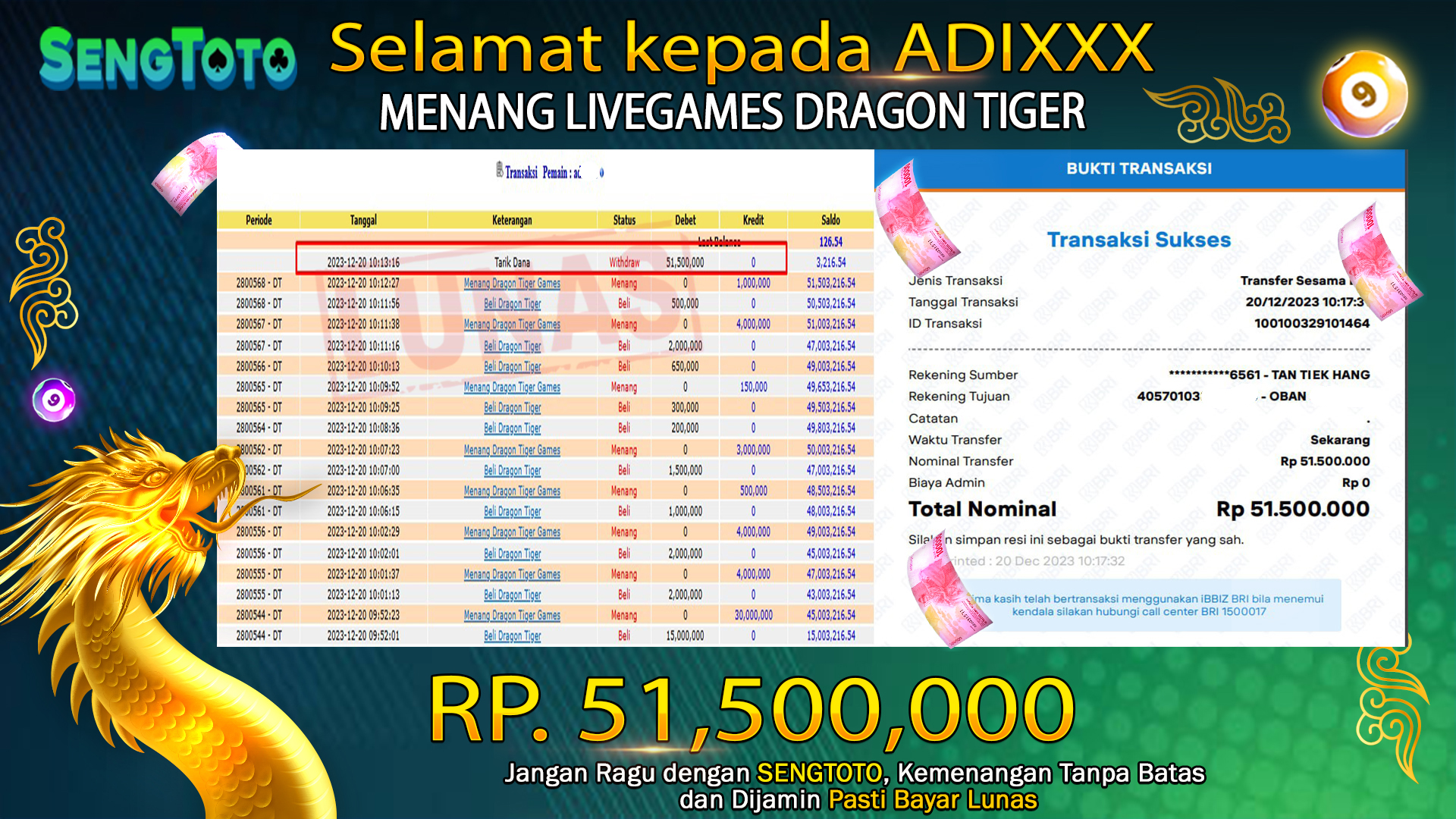 BUKTI PEMBAYARAN LIVE GAME DRAGON TIGER