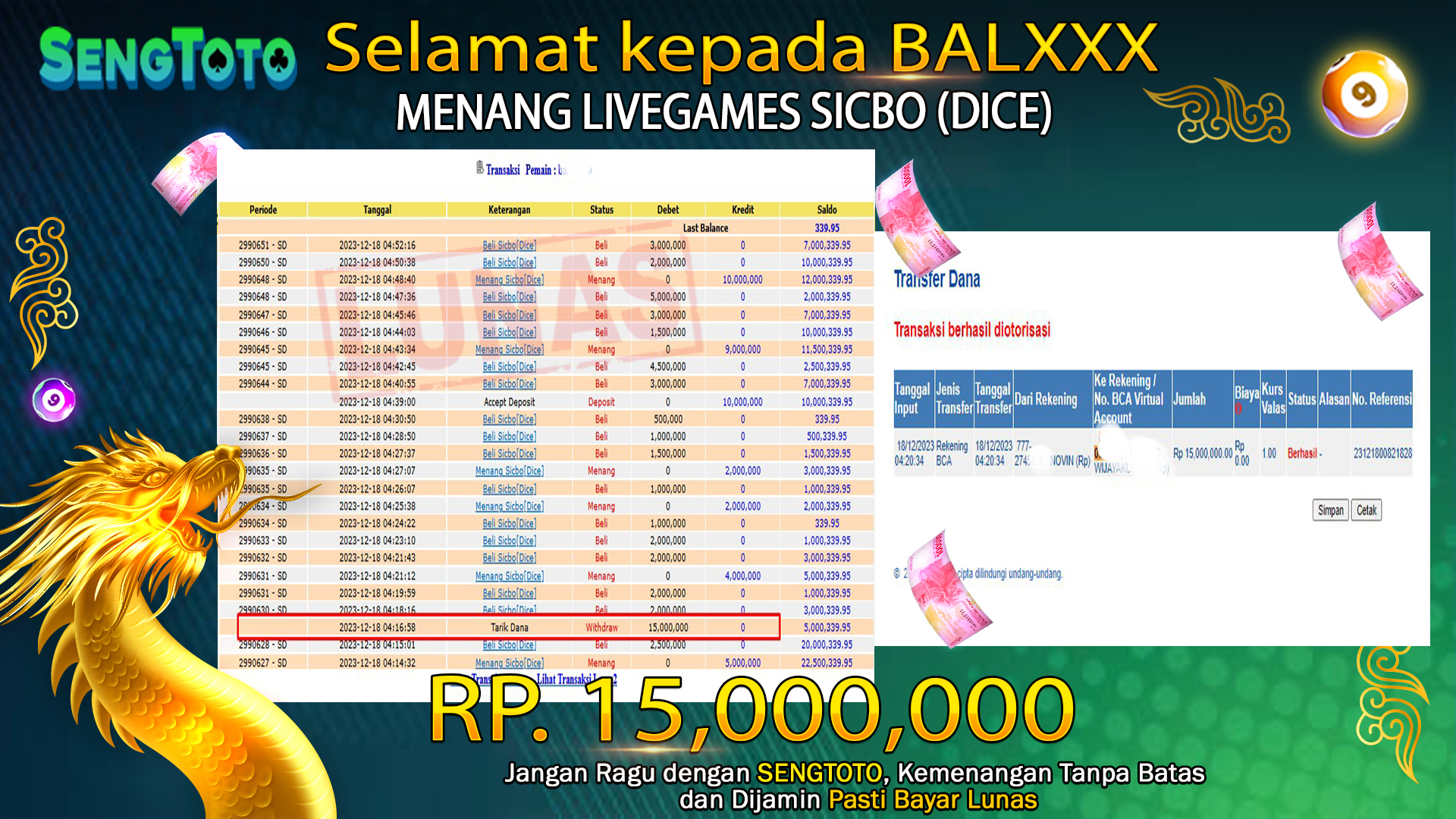 BUKTI PEMBAYARAN LIVE GAME SICBO DICE
